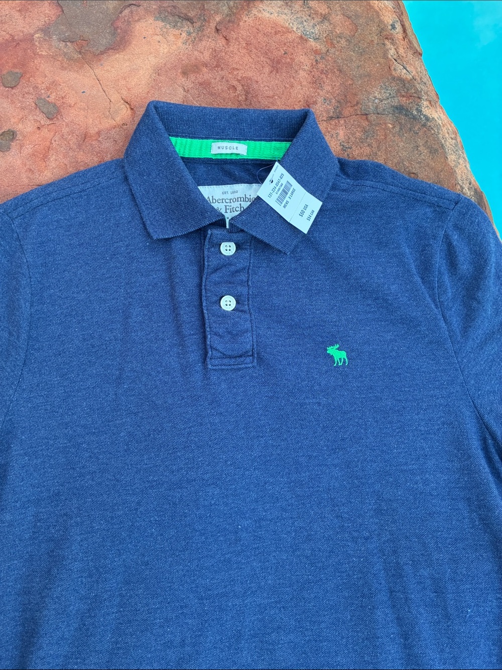 Abercrombie & Fitch Navy Polo with Bright Green Logo muscle XL